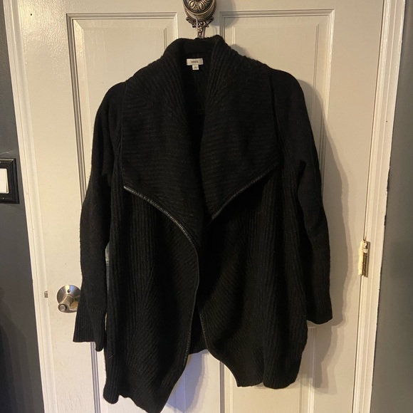 VINCE Black Leather Trim Yak Wool Quiet Luxury Open Front Cardigan Sweater - Picture 6 of 7